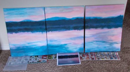 Acrylic sketch of Winnisquam Sunrise triptych