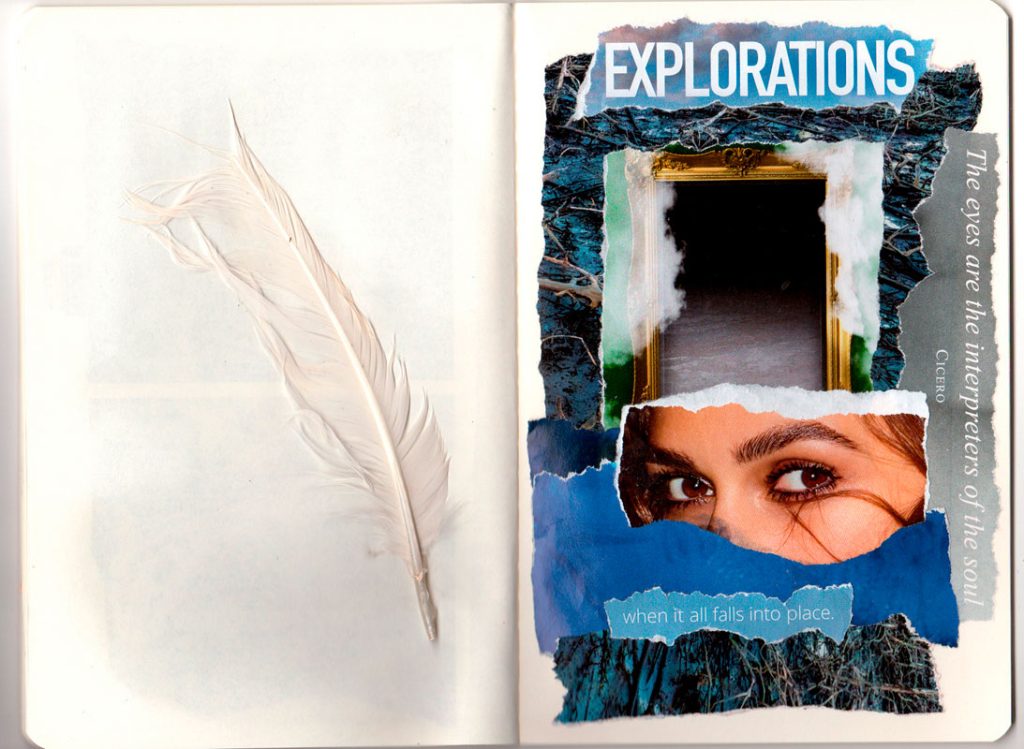 A torn-paper collage in an art journal, with a feather.